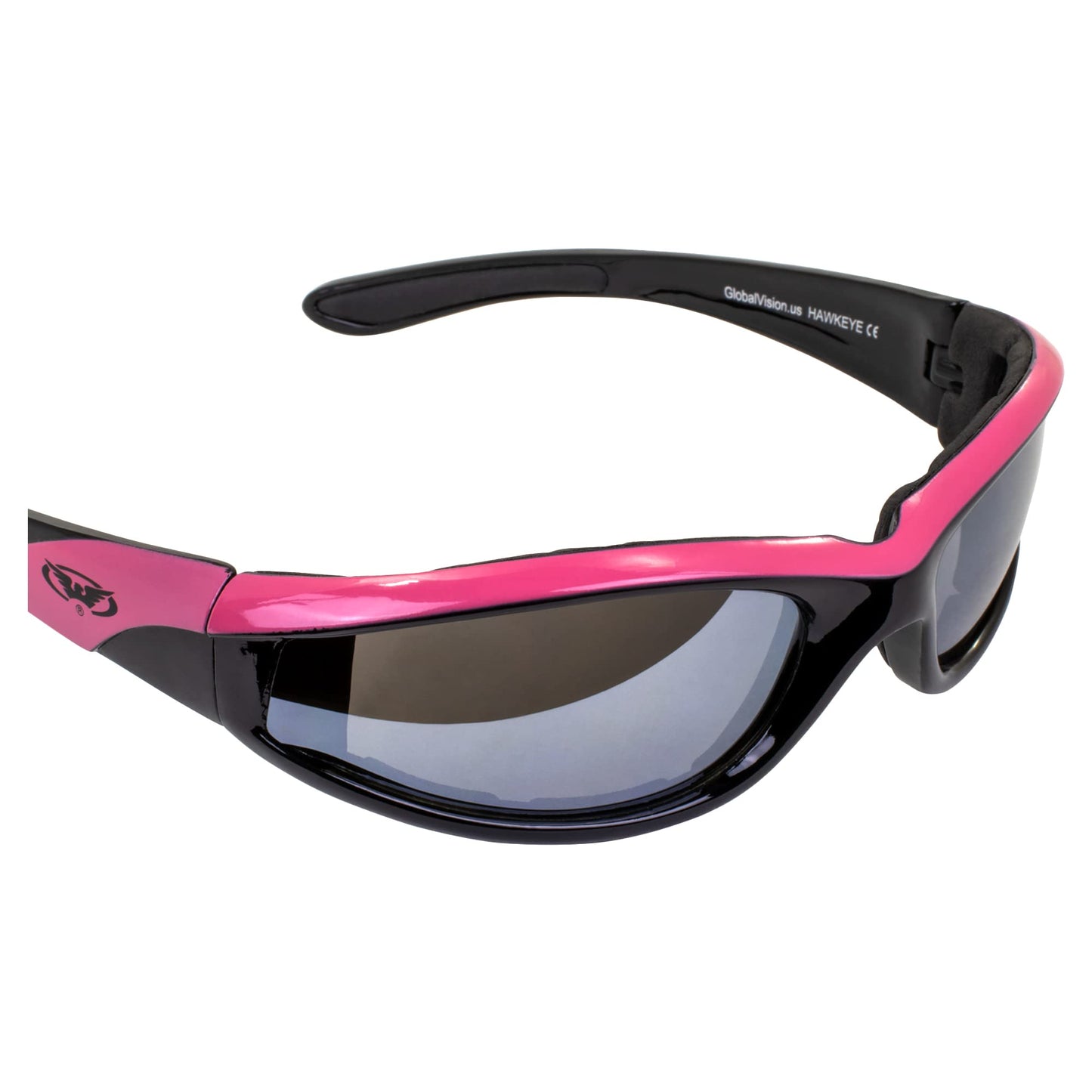 Global Vision Hawkeye Pink Frame Sunglasses Flash Mirror Lenses, Vented EVA Foam to keep sweat, wind, dust out of your eyes, UV400 and Scratch Resistant Unbreakable Shatterproof Polycarbonate Lenses