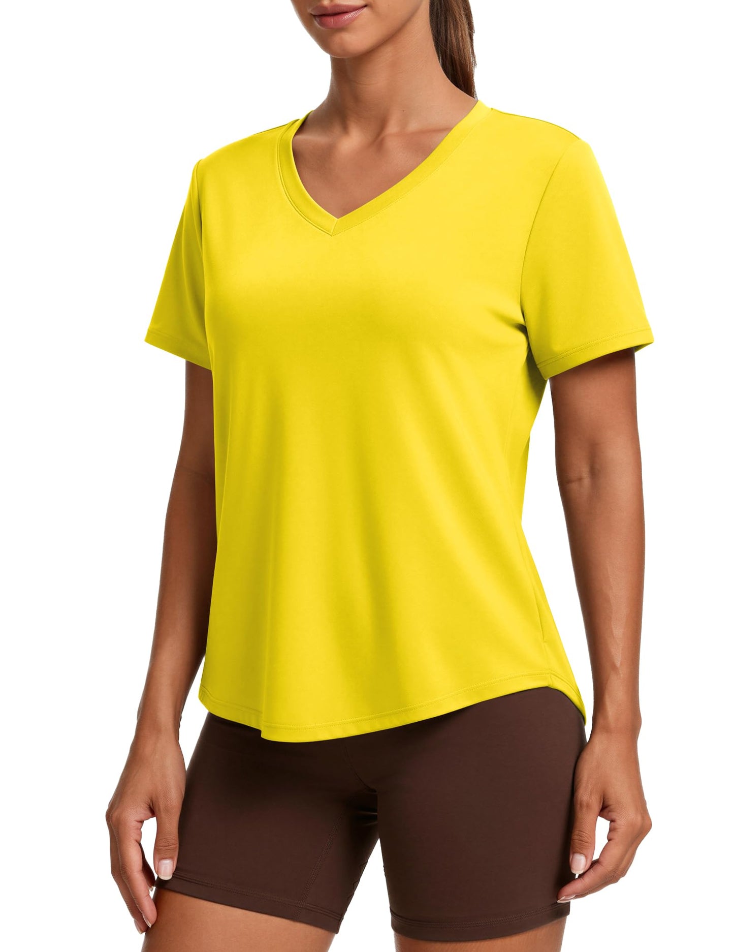 PINSPARK Womens Hiking Shirts Short Sleeve V Neck UPF 50 Sun Protection Moisture Wicking Quick Dry Outdoor Athletic Tops,Yellow X-Large
