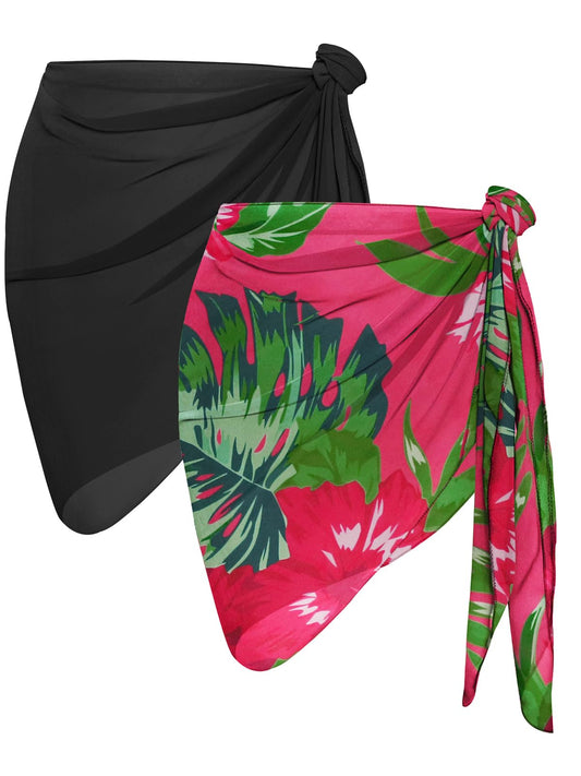 2 Pieces Sarong Cover Ups for Women Beach Bathing Suit Wrap Sheer Short Skirt Bikini Chiffon Scarf for Swimwear (Black, Rose Red Leaves)