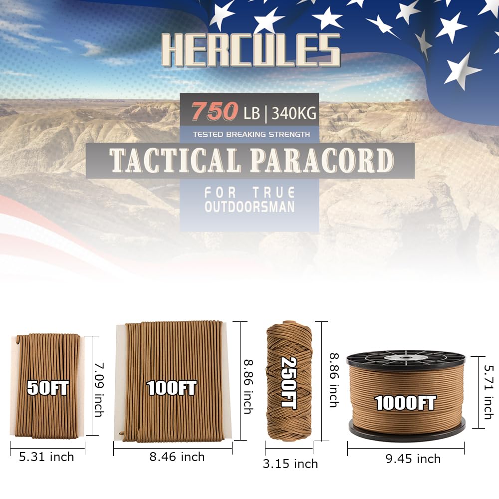 HERCULES 750lb Paracord 4mm 11 Strands Tactical Parachute Cord, 50' 100' 250' 1000' Utility Rope for Camping, Survival, Outdoor Gear (Coyote, 50FT)