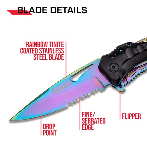 Tac-Force Folding Pocket Knife, 3.25-inch Serrated Rainbow Blade, Black Aluminum Handle, 7.75-inch Overall Length TF-705RB