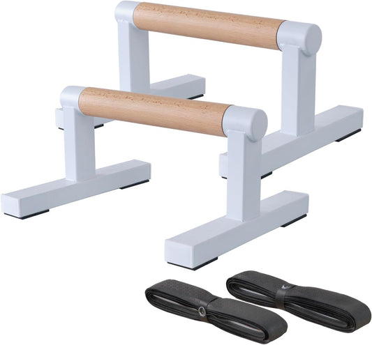 1 Pair Wooden Parallettes Push Up Bars for Men, Strength Training Pushup Stands Handles for Home Calisthenics, Fitness, Floor Workouts Solid Wood with White Metal Bracket - Support 500 lbs