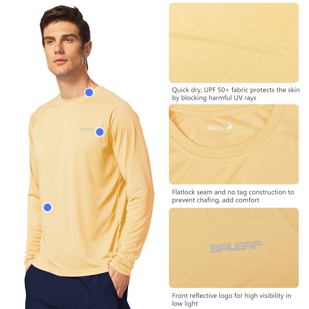 baleaf Mens UPF 50+ Sun Protection Shirts Long Sleeve Rash Guard, Quick Dry 4-Way Stretch for Fishing Swimming Surfing 01-Custard 2XL