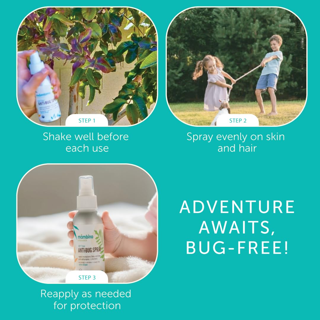 Mambino Organics Anti-Bug Spray, DEET-Free, Organic Mosquito Repellent with Essential Oils, Reef Safe, Face-Safe Protection for Babies, Kids, and Adults, Travel Bug Spray, 2.7oz, 3-Pack