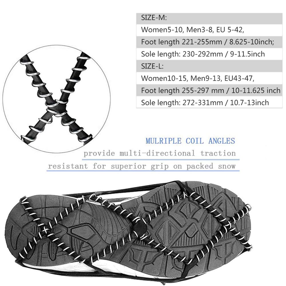 Ice Cleats,Highly elastic Traction Cleats Grippers with tape Strap and Storage Bag Anti Slip Walk Traction Cleats for Hiking Walking on Snow and Ice(L: Women10-15/Men9-13/foot length 255-297 mm)