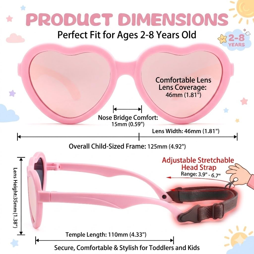 GLARDEFE Kids Heart Polarized Sunglasses - TPEE Rubber Flexible Toddler Sunglasses with Strap for Girls Boys Age 2-8(Pink/Pink Mirror + Purple/Purple Mirror), Medium