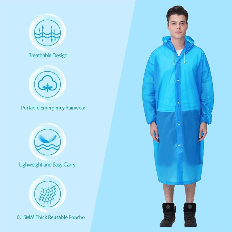 HLKZONE Rain Ponchos for Adults 2 Pack - Packable Rain Coat with Drawstring Hood, J-Blue+Pink, One Size