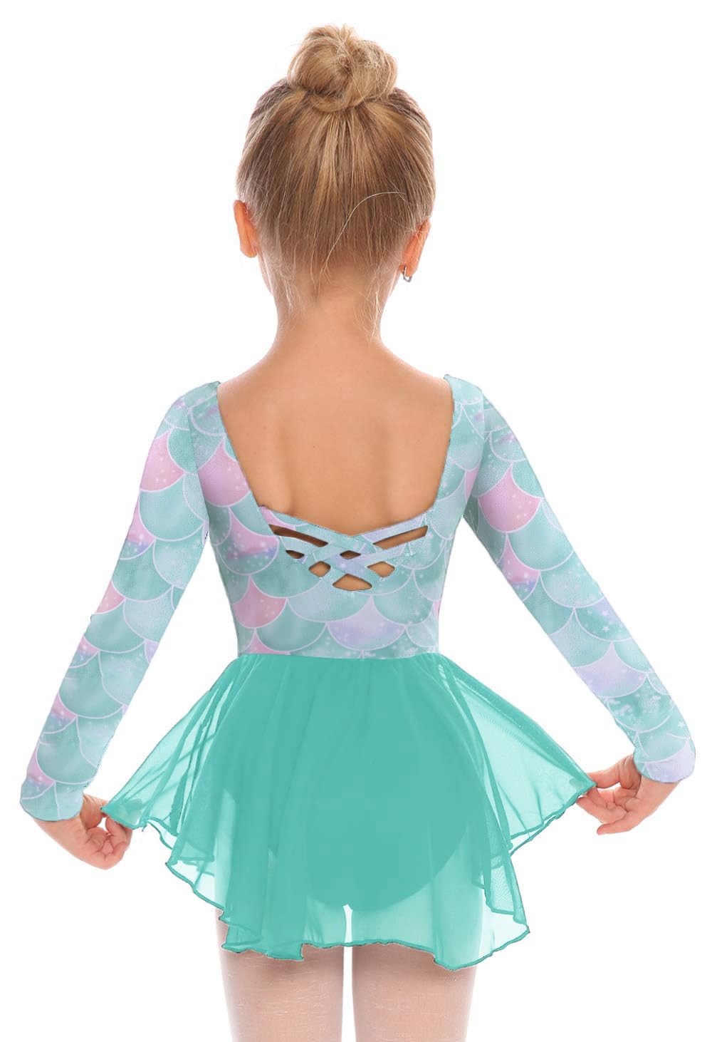 Zaclotre Ballet Leotards for Girls Toddler Classic Long Sleeve Criss-Cross Back Dance Dress Ballerina Outfits Green Mermaid