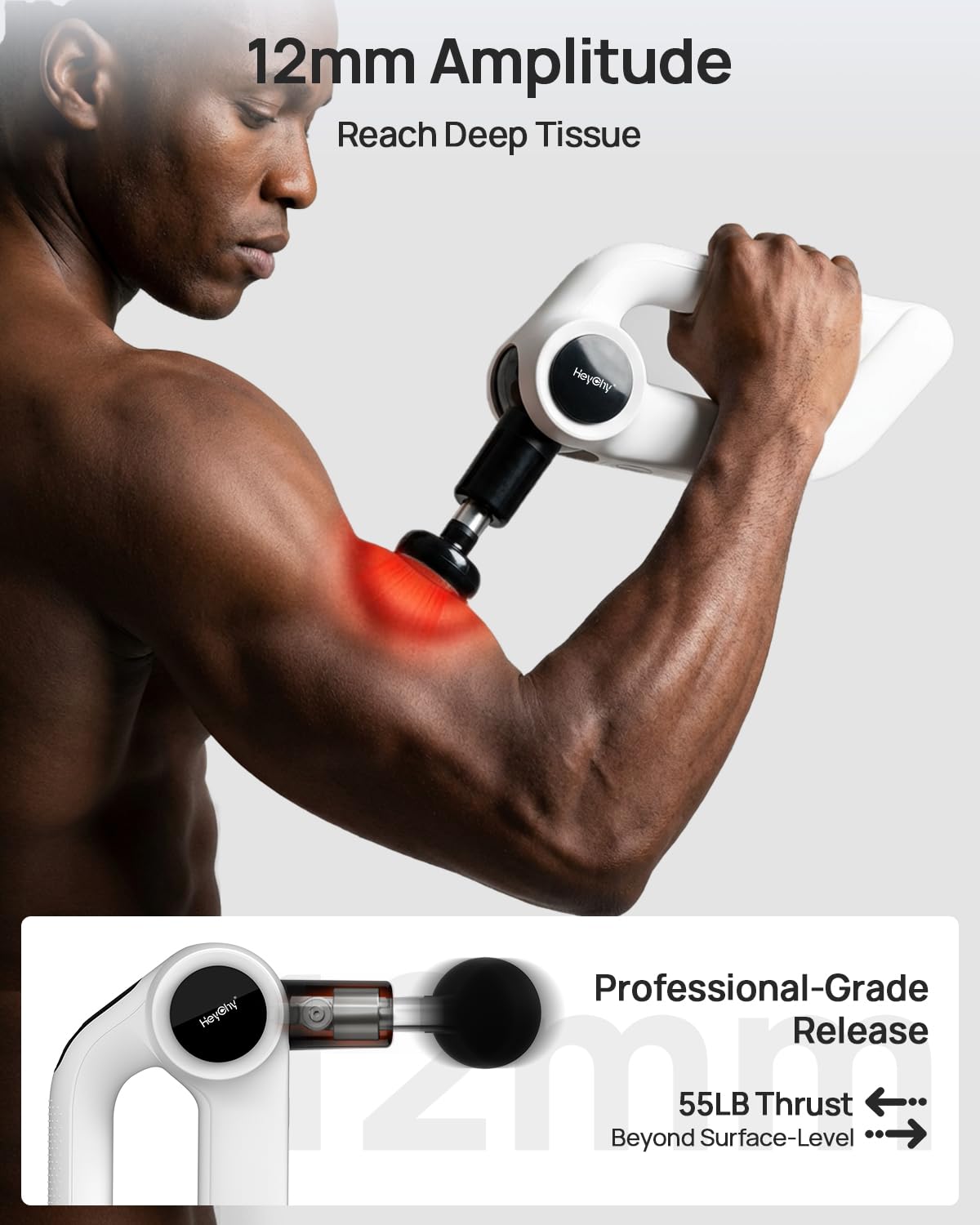 HEYCHY Massage Gun Deep Tissue with Heat Therapy, 12mm Amplitude Muscle Massager for Athletes, 5 Speeds & 4 Modes Massager Gun for Neck Back Shoulder Leg Pain Relief - Perfect for Men, White