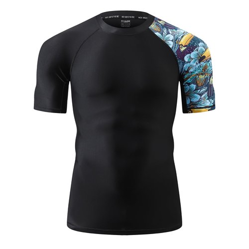 HUGE SPORTS Men's Splice UV Sun Protection UPF 50+ Skins Rash Guard Short Sleeves(HeyToucan, M)