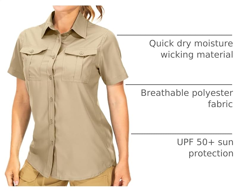Women's UPF 50+ Quick Dry Button-Down Shirt with Short Sleeves Khaki Medium — Outdoor Sun Protection