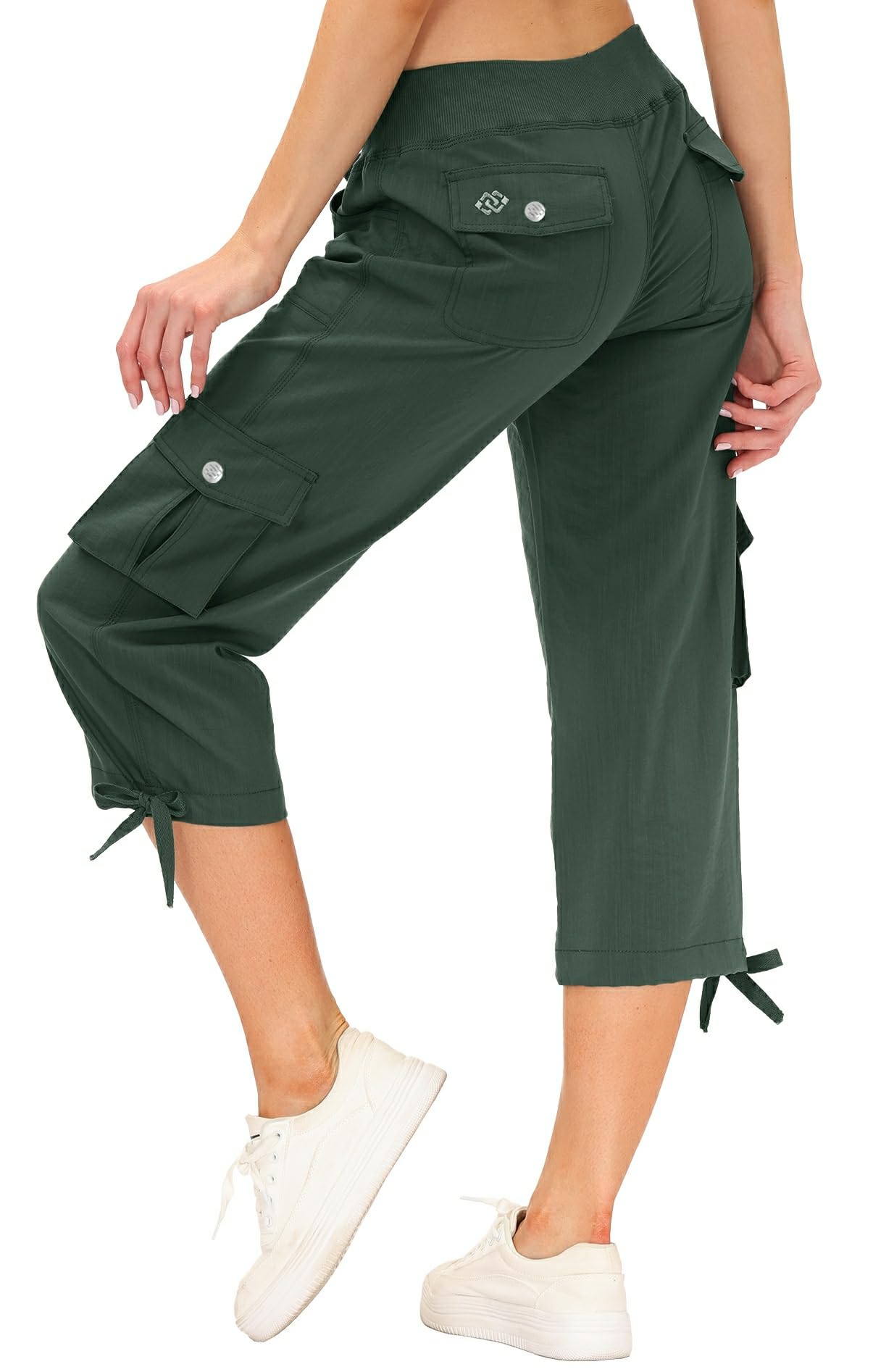 MoFiz Womens Capris with Pockets Loose Fit Casual Capri Pants Dressy Lightweight Ladies Baggy Cargo Pants for Hiking Army Green 3XL