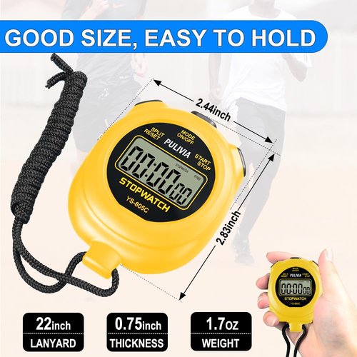 PULIVIA Stopwatch Timer with Countdown, Simple Operation Digital Stop Watch for Sports, Countdown-Alarm Button-Sound Changeable AAA Battery, Yellow