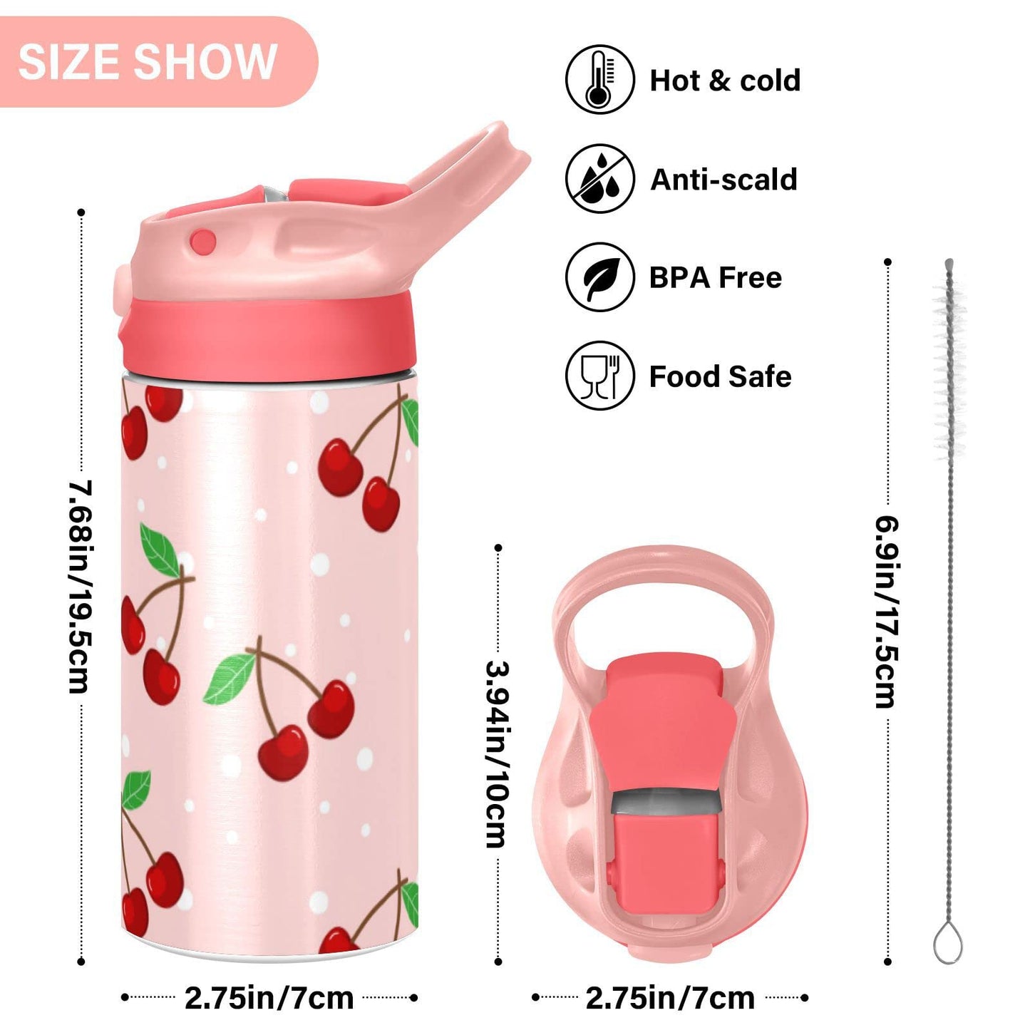 JUMBEAR Cherry Water Bottle with Straw Lid, Leakproof Double Walled Vacuum Insulated Stainless Steel Thermo Flask Travel Tumbler for Kids, Girls