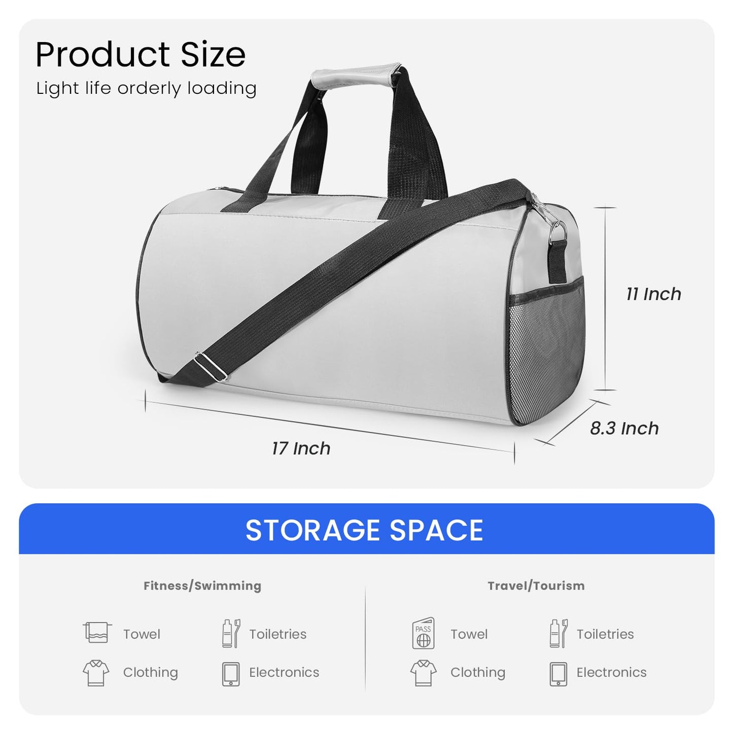 C&F BOGMOST Small Gym Bag for Women & Men,Small Lightweight Duffel Bag Carry On Bags Mini Duffel Travel Bag Waterproof Sports Bags for Workout/Sport/Travel, Grey,Medium