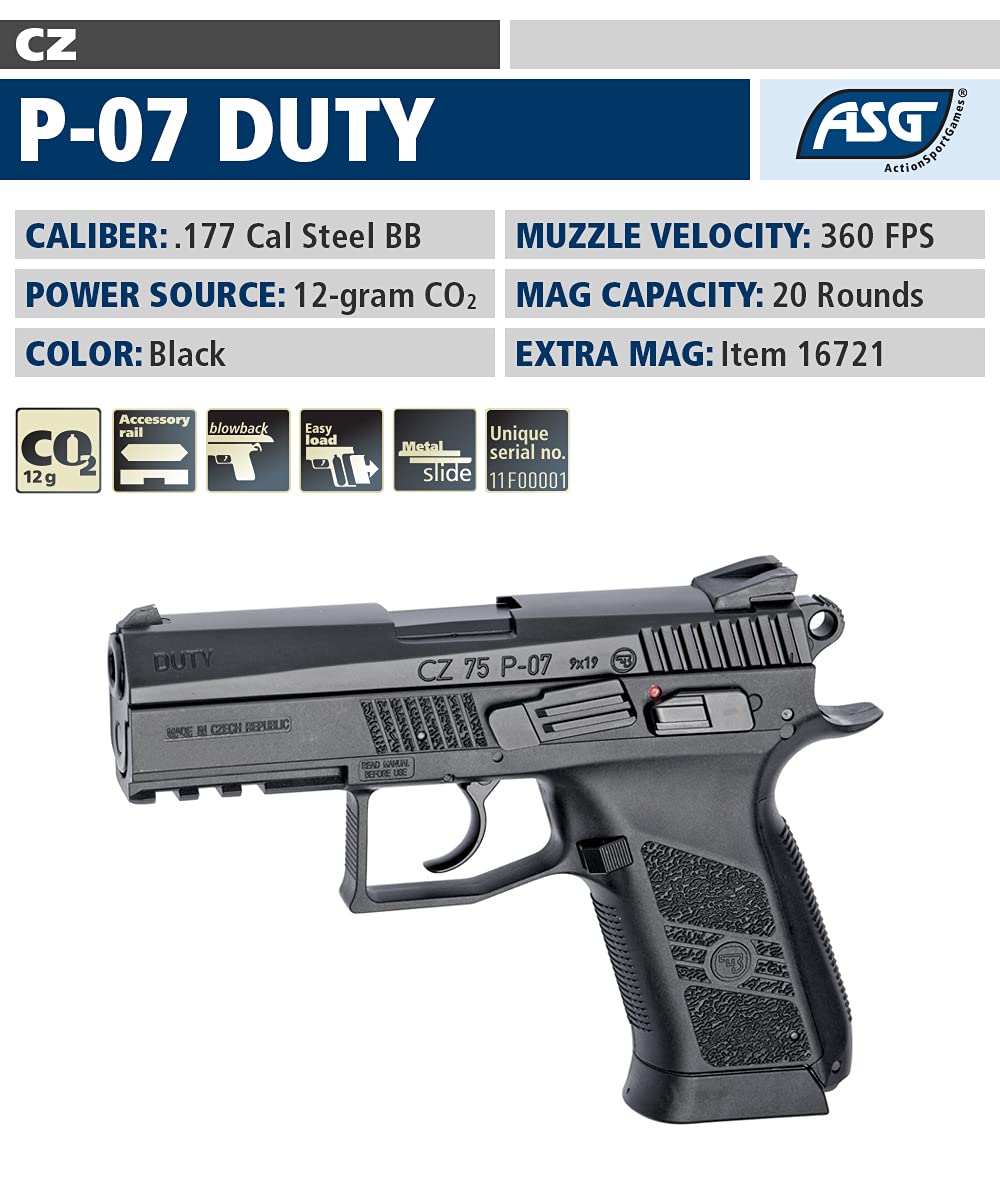 ASG CZ 75 P-07 Duty CO2 BB Airgun Pistol, .177 Cal, Black, Blowback