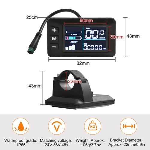 5Pins Electric Bike LCD Display Meter, 24V 36V 48V E Bike Control Panel For Handlebars Approximately Φ22.2mm / Φ0.87in, Waterproof Connector, No.2 Communication Protocol