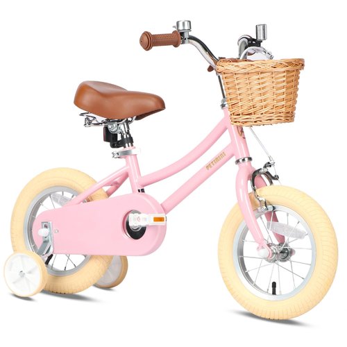 Petimini 12 Inch Kids Bike for Age 2 3 4 Years Old Little Girls Toddlers Retro Vintage Style Bicycles with Basket Training Wheels and Bell, Pink