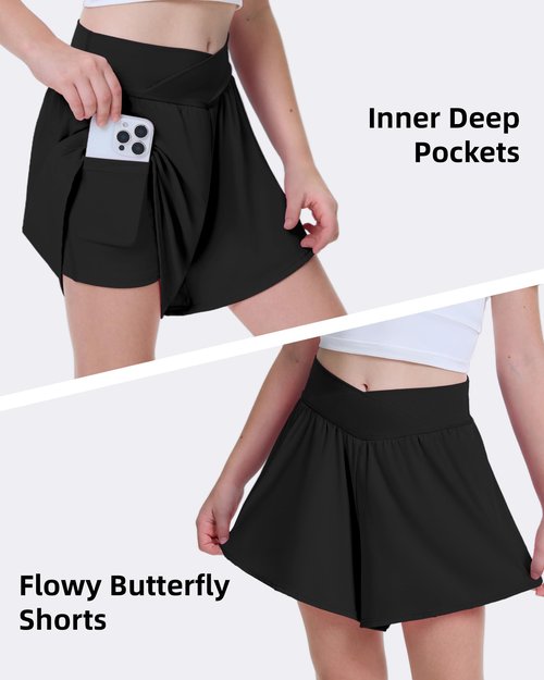 FireSwan Girls Butterfly Shorts Crossover Athletic Shorts with Pockets 2 in 1 Flowy Running Skorts for Teen, Girls, Youth Black