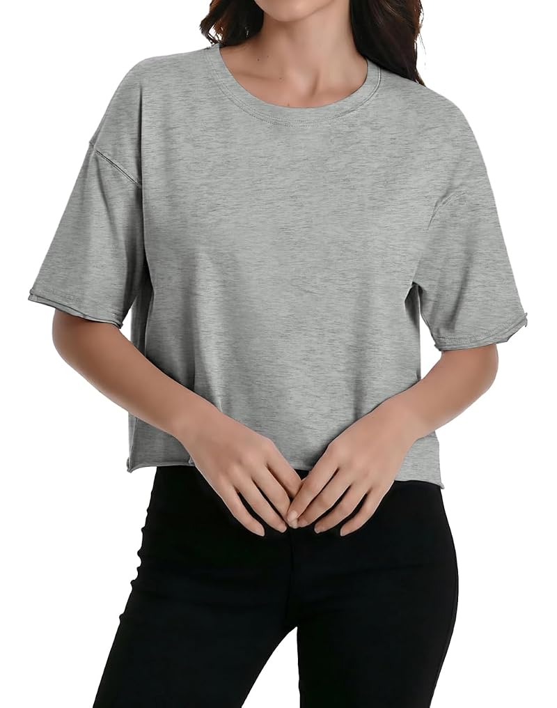 Auriviz Women's Summer Crop Top - Short Sleeve Cotton Blend, Grey, Medium