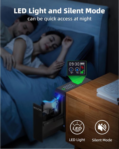 MOLICAR Biometric Slider Pistol Safe with LCD of Temp Humidity Battery, Mounted Single Bedside Gun Safe with 3 Ways Quick Access Handgun Case for Nightstand, Bed, Desk, Wall, Dresser