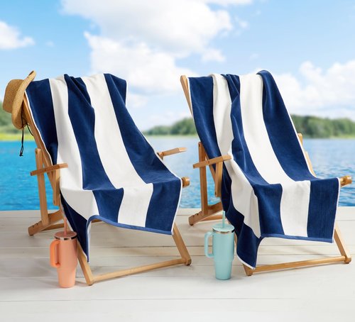 Loon & Lake Sand Resistant Beach Towels Set of 2 | Waffle Weave Reverse to Plush Velour Block Stripe | 2 Pack 30" x 60" | Crafted from 100% Combed Cotton | Wolfeboro Collection - Navy Blue