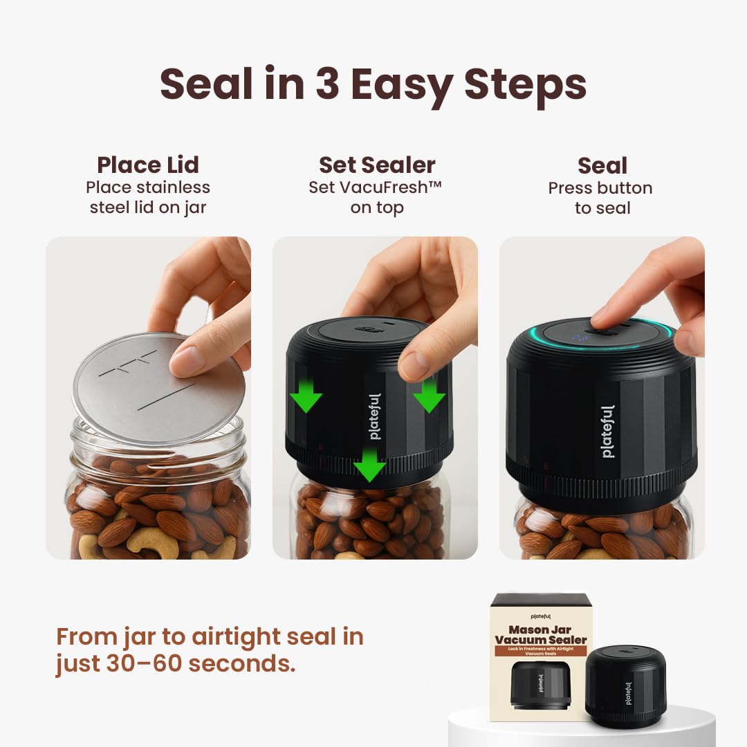 Plateful VacuFresh Electric Mason Jar Vacuum Sealer Kit (10 Lids Included) - For Wide Mouth & Regular Mouth Jars, Cordless, Portable Jar Vacuum Sealer For Food Storage With Lids, Opener, Charger