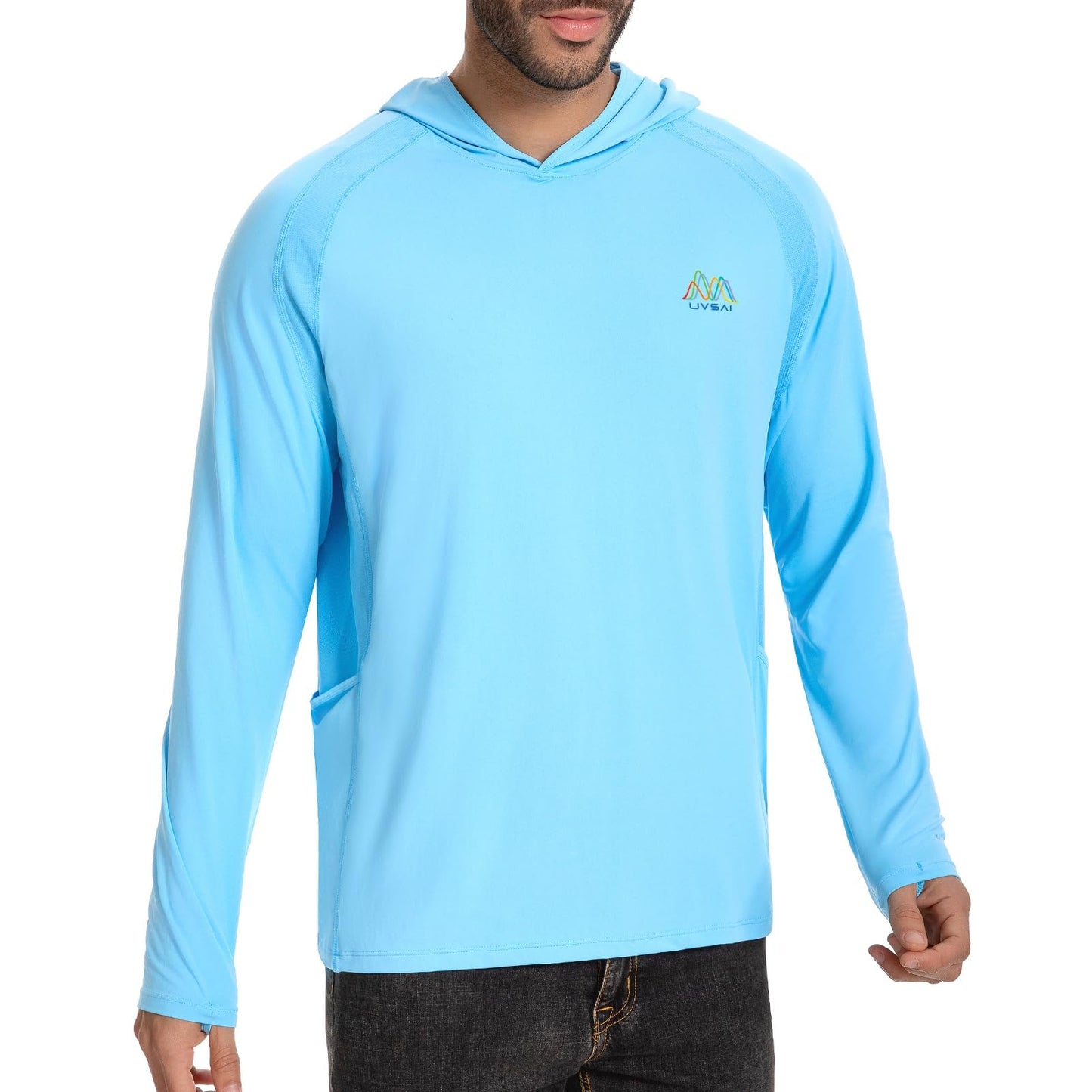 UVSAI Men’s UPF 50+ Hoodie Shirt Long Sleeve Permanent UV Sun Protection Vented Tee Performance for Outdoor Hiking Fishing Sky Blue