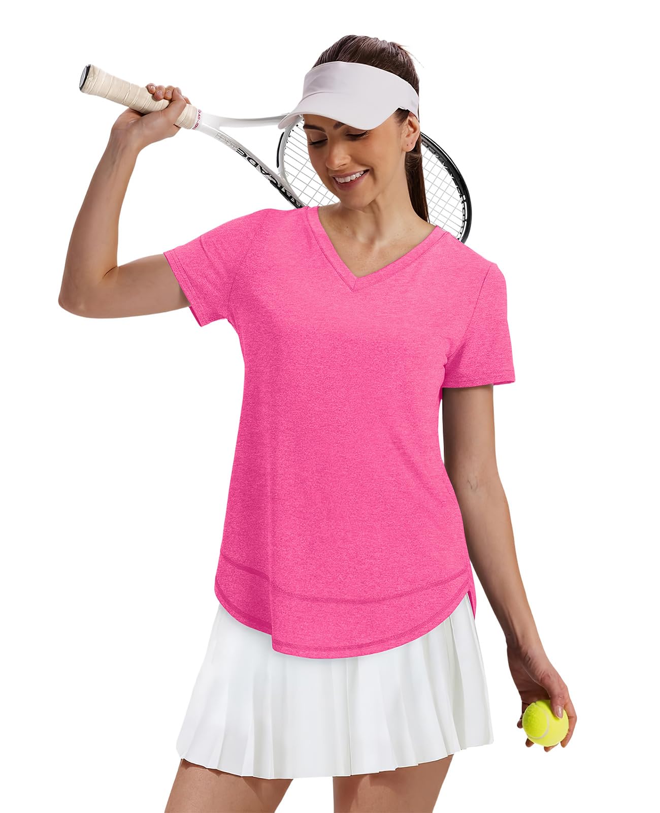 Short Sleeve Shirts for Women Workout Pilates Outfits Tennis Summer Tops 2026 Beach Vacation Clothes V Neck Hot Pink M
