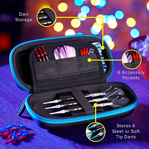 Casemaster Sentry 6 Dart Case - Slim, Holds Extra Accessories, Tips, Shafts and Flights - Compatible with Steel and Soft Tip Darts - Impact & Water Resistant TacTech Shell - Blue Zipper
