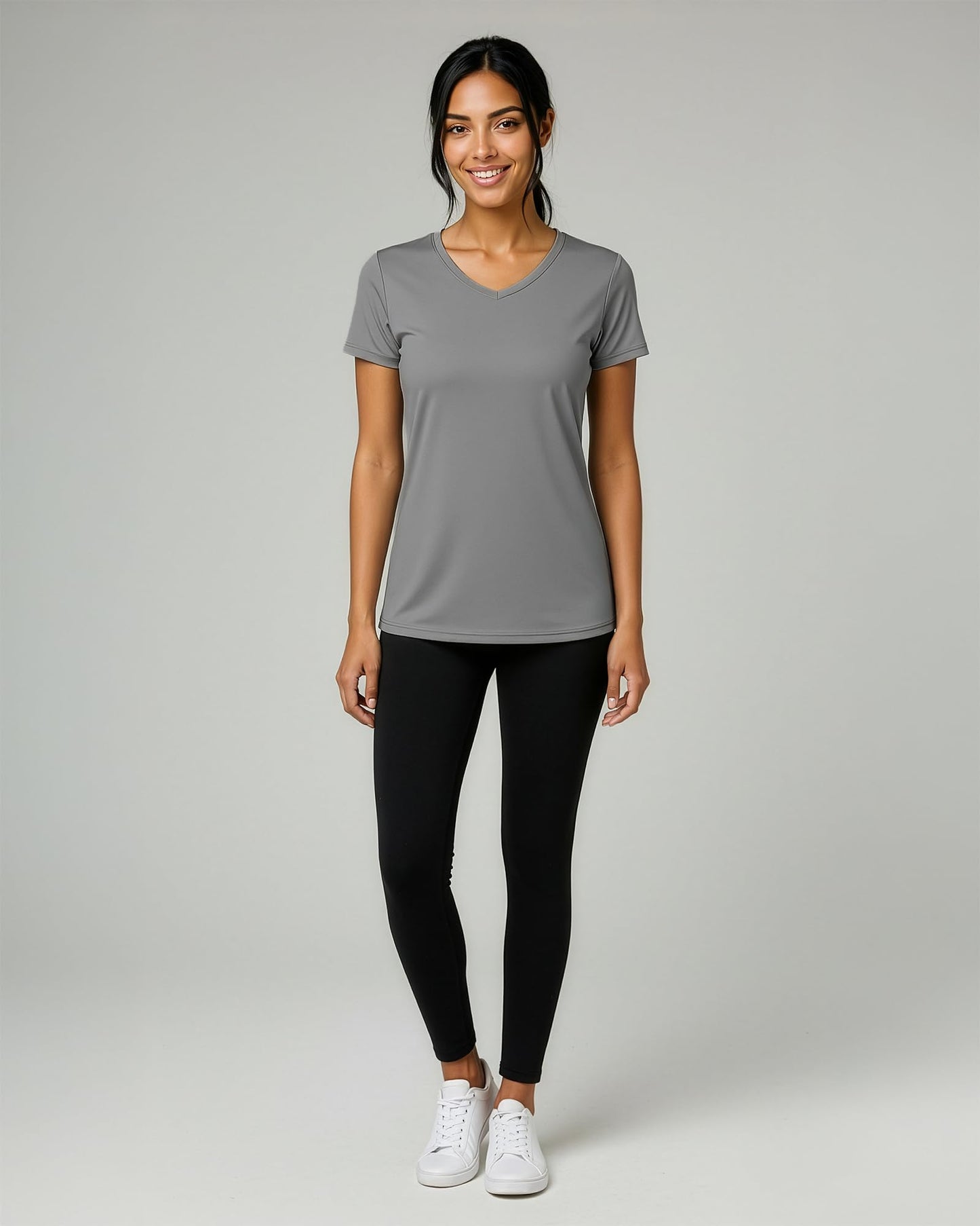 Real Essentials 5 Pack: Women's Dry-Fit Short Sleeve V Neck T Shirt Workout Fitness Yoga Top Tee, Set 10, L