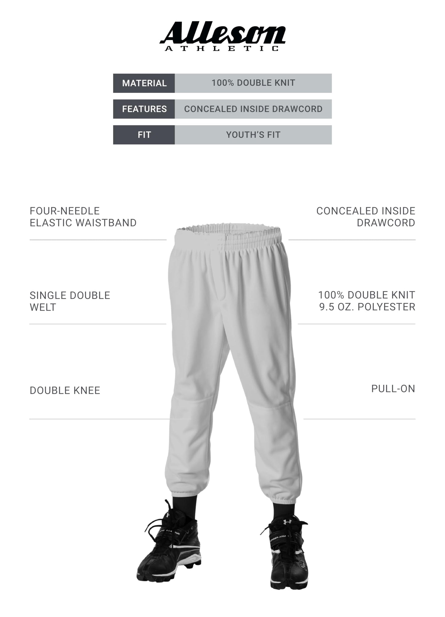 Alleson Athletic Youth Pull on Baseball Pants, Grey, Small