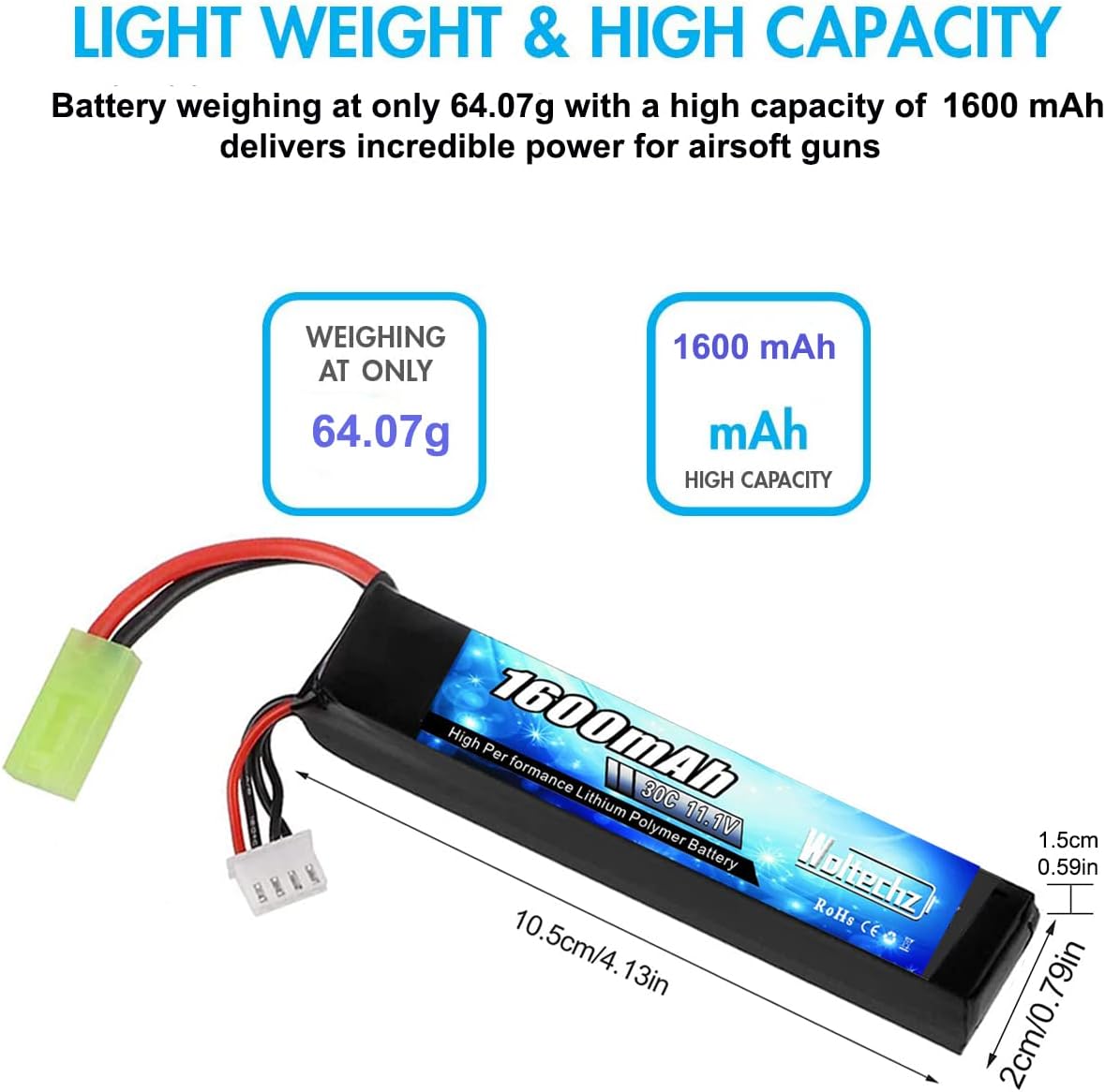 2Packs 11.1V Airsoft Battery 1600mAh 30C Rechargeable Lipo Battery 2S-3S Balance Charger/Lipo Safe Bag with Mini Tamiya Connector for Airsoft Guns Rifle