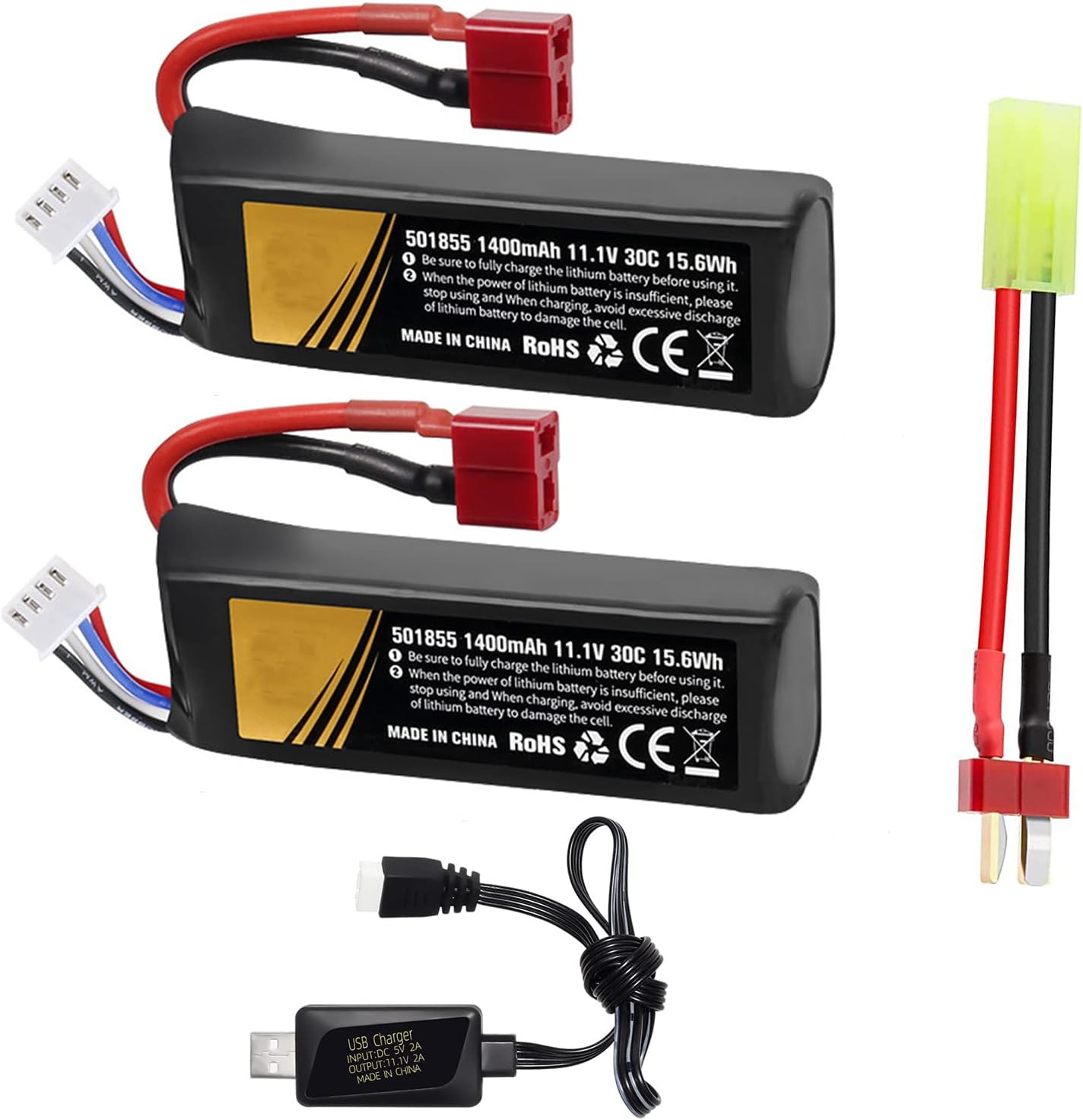 11.1V airsoft batteries 30C 2800mAh lipo battery airsoft T Plug with USB Charger T Plug to Mini Tamiya Cable Rechargeable Batteries for Airsoft gun Model splatrball gel blaster accessories-2pcs