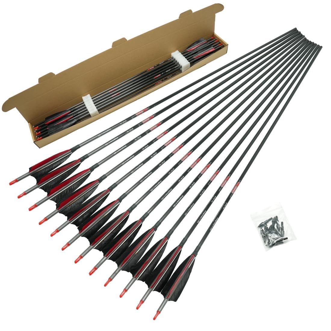 Linkboy Archery Pure Carbon Arrows Spine 300 340 400 500 600 700 800 900 1000 for Compound Recurve Bow Hunting Shooting Target 12pcs