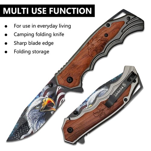 Eagle Wood Pocket Knife - Tactical Folding Knife with 3.5" Steel Blade featuring Eagle Print - Overall Length 8.25" - 440 Stainless Steel - Ideal EDC Gear