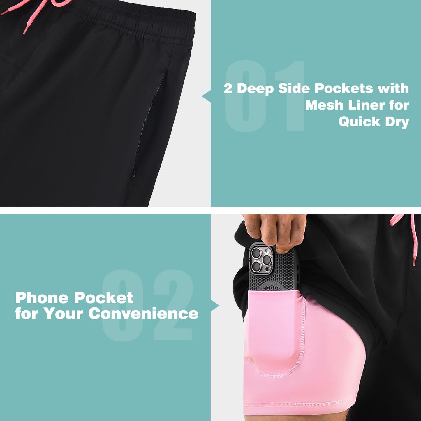 CADITEX Mens Swim Trunks 2 in 1 with Compression Liner 7 Inch with Pockets Board Shorts Black L