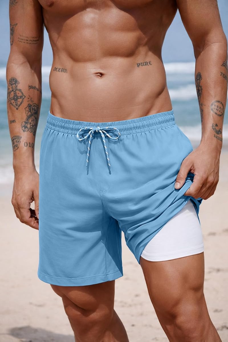 2 in 1 Mens Swim Trunks 7 Inch Board Shorts Light Blue XL