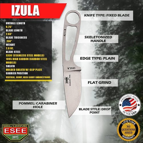 ESEE Izula Fixed Blade Knife, w/Molded Polymer Sheath and Clip Plate – Lightweight Survival and Bushcraft Knife – Made in the USA