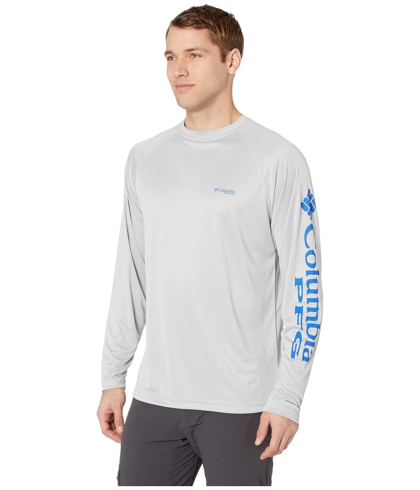 Columbia Men's PFG Terminal Tackle Long Sleeve Fishing Shirt, Cool Grey/Vivid Blue Logo, 3X Tall