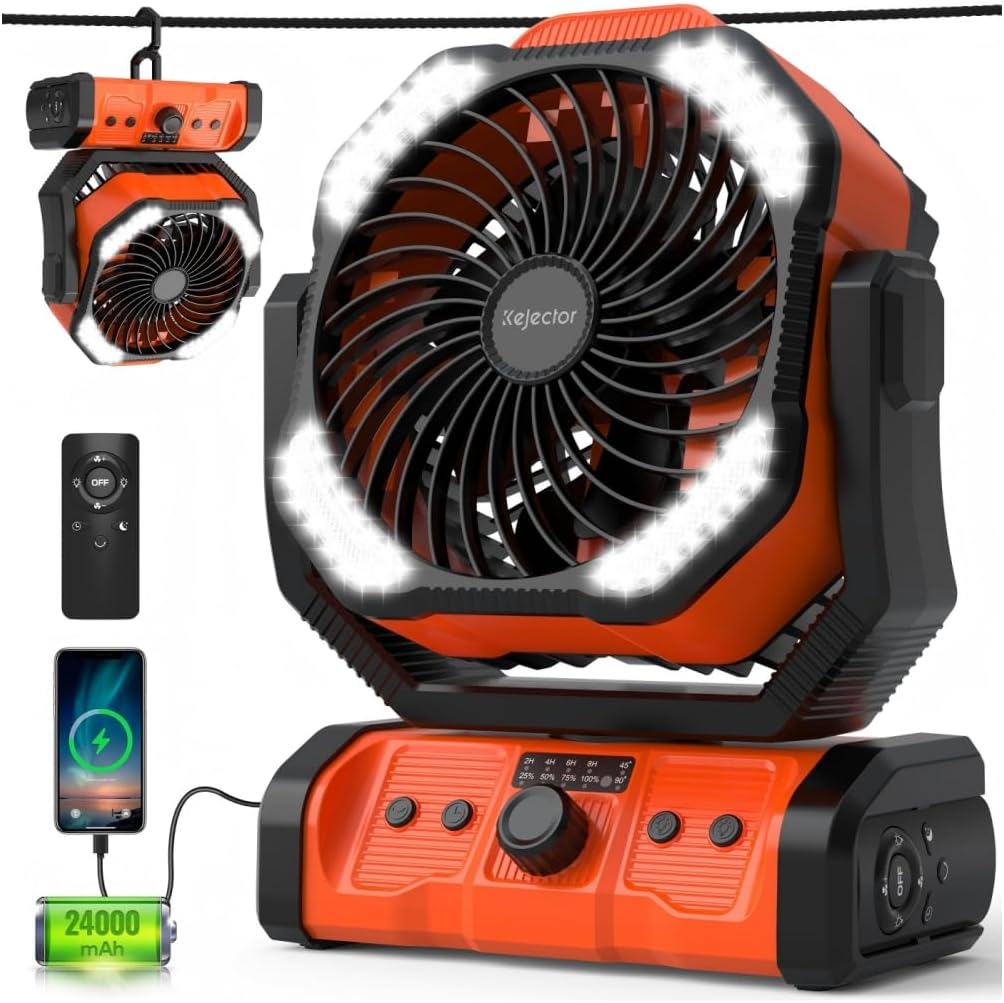 kejector Battery Powered Fan Rechargeable - 24000mAh 3-in-1 Portable Camping Fan with LED Lights, USB C, Auto Oscillating Operated Fan for Tents, Travel, BBQ, Fishing, Home, Office, Camper Essentials