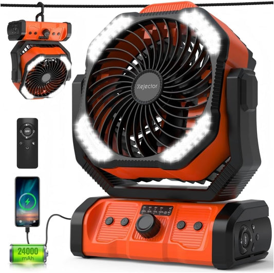kejector Battery Powered Fan Rechargeable - 24000mAh 3-in-1 Portable Camping Fan with LED Lights, USB C, Auto Oscillating Operated Fan for Tents, Travel, BBQ, Fishing, Home, Office, Camper Essentials