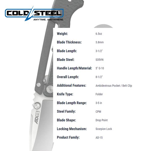 Cold Steel AD-10 and AD-15 Tactical Folding Knife with Lock and Pocket Clip - Premium S35VN Steel Blade, AD-15 Black , 3 1/2"