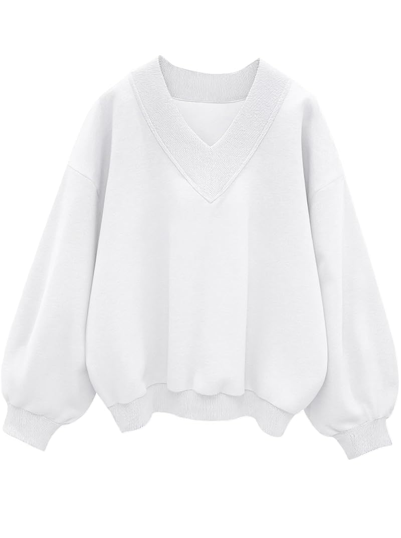Hilinker Women’s V-Neck Oversized Sweatshirt White Large