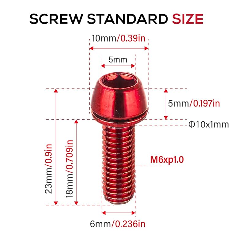 CNC MTB Caliper Bolts M6x18mm – 6Pcs, Red Finish for Disc Brake Calipers