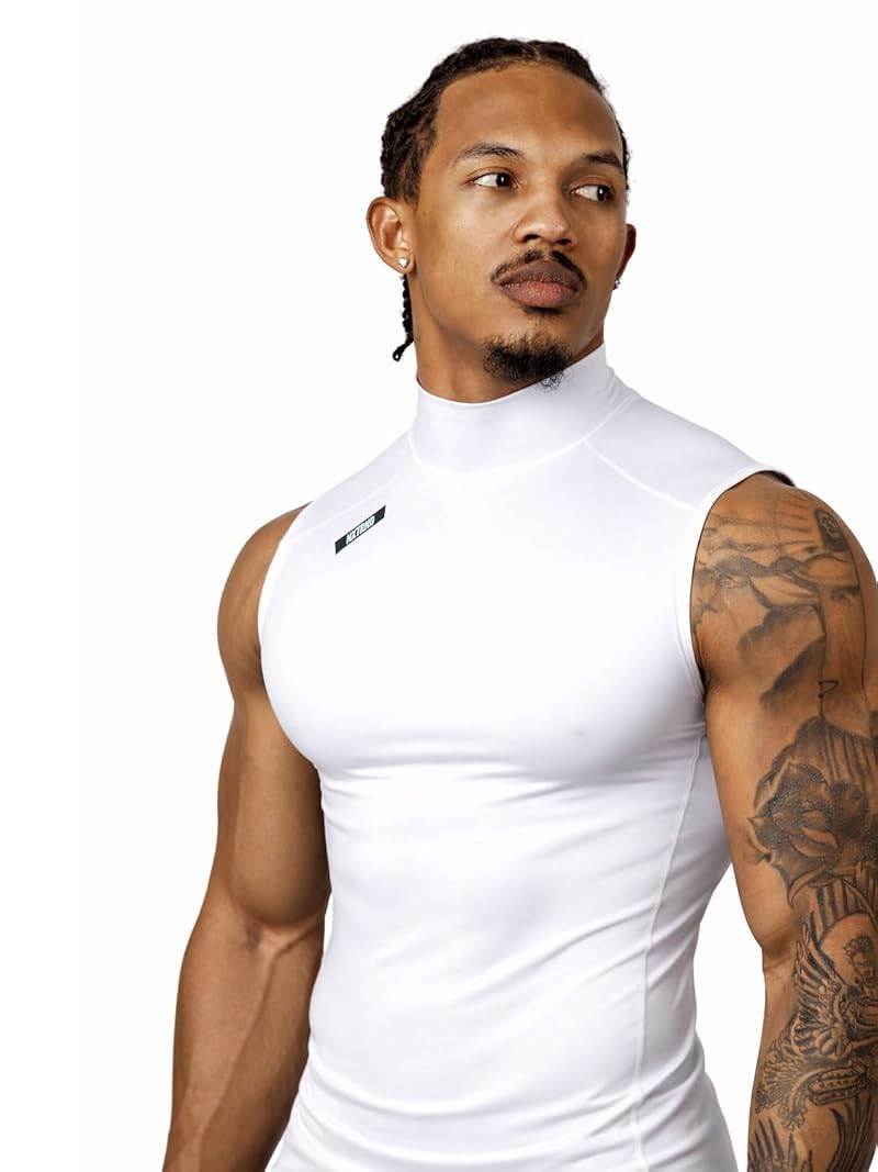 Nxtrnd Men's Turtleneck Compression Tank Top - Sleeveless Mock Neck, White, Medium