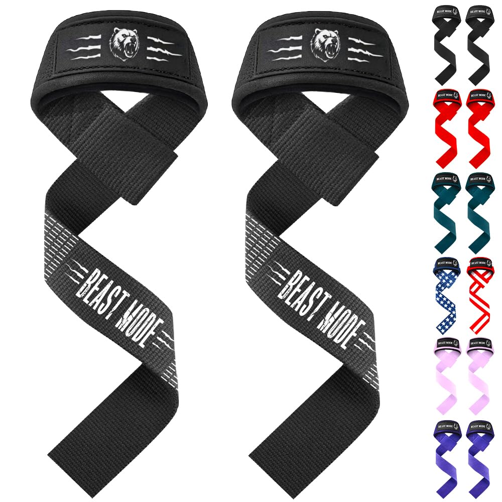 TECEUM Lifting Wrist Straps with Neoprene Padding Support – Black and White – Grizzly – Heavy Duty Wrist Workout Straps For Men and Women – Ideal for Powerlifting, Strength Training, Bodybuilding