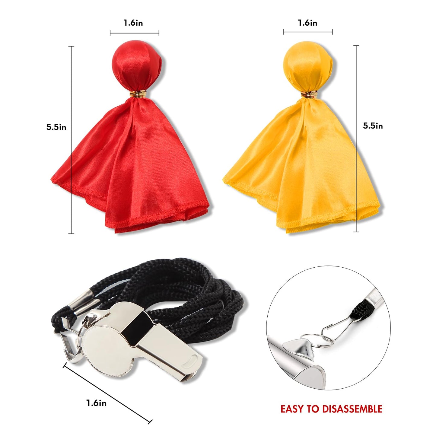 5 Pcs Men's Referee Costume Kit White and Black Stripe Referee Shirt Womens Official Referee Hat Stainless Whistle Yellow Red Penaltys Flag for Football Soccer Halloween L