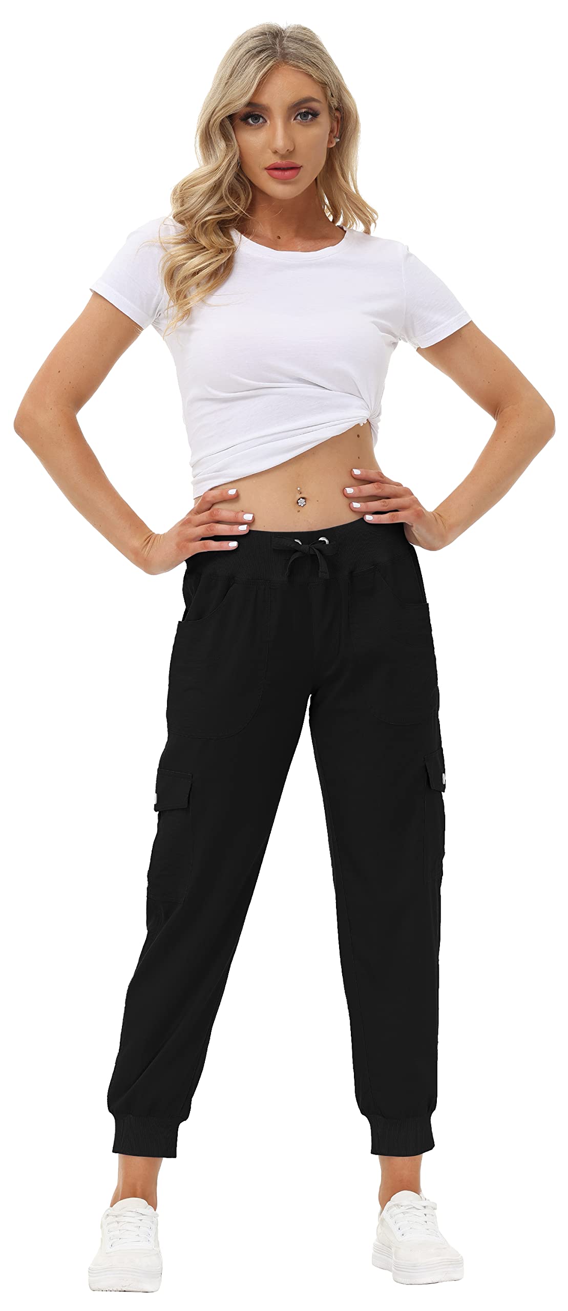 MoFiz Womens Lightweight Hiking Pants with Pockets Quick Dry Athletic Outdoor Summer Travel Casual Sweatpants Cargo Pant for Women Black 4XL