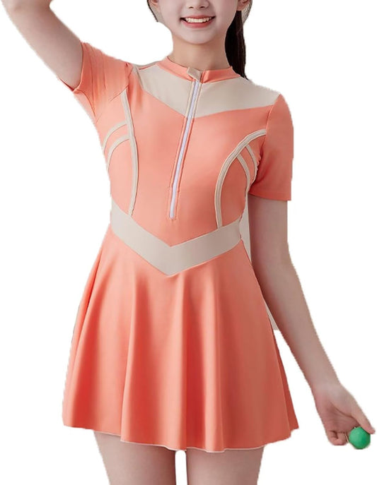 JadeRich Teen Girls One Piece Sporty Swim Dress Short Sleeve Zipper Front Rash Guard Skirted Swimsuit with Built-in Shorts